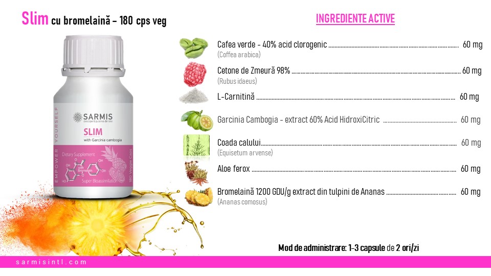 Supliment alimentar Slim cu Bromelaina, pentru reglarea metabolismului, 180 capsule vegane 1 Supliment alimentar Slim cu Bromelaina, pentru reglarea metabolismului, 180 capsule vegane