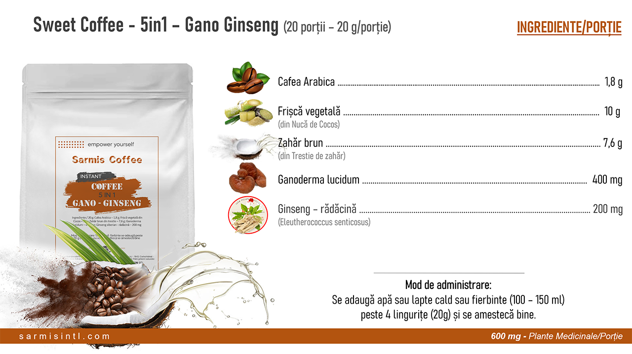 Cafea arabica, instant, 5 in 1, Gano Ginseng, 400g, 20 de portii 5 Cafea arabica, instant, 5 in 1, Gano Ginseng, 400g, 20 de portii